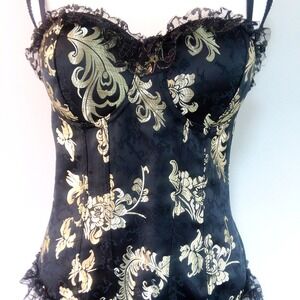 Black & Gold Floral‎ Lace Trim Corset Top Steampunk Gothic Lolita Victorian